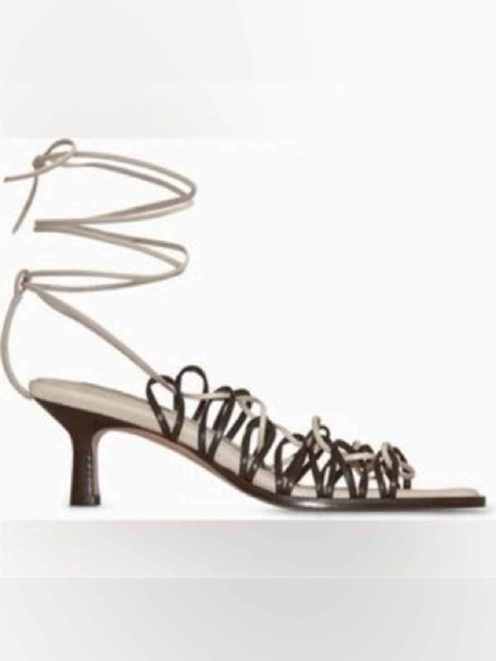 COS Lace Up Strappy Square Toe Sandals Leather Heels Black Cream US 10 EU 41